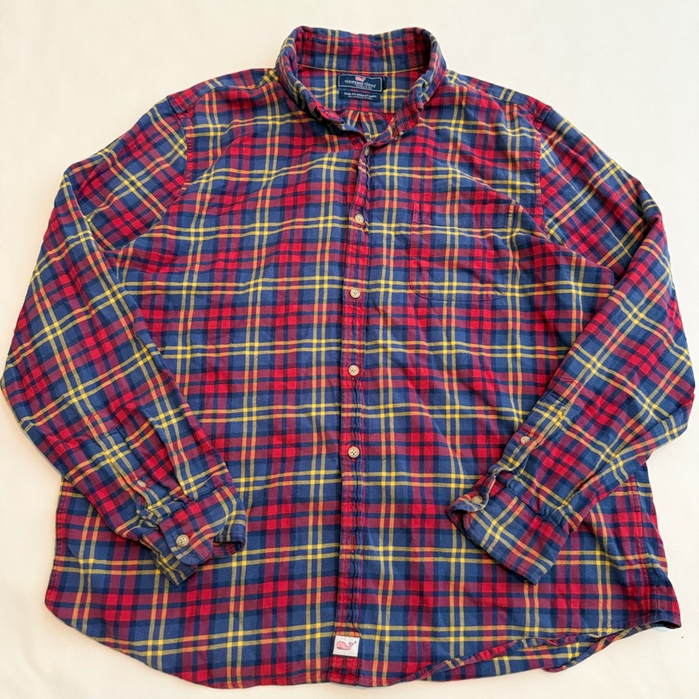 Vineyard Vines Murray Shirt Mens XL Red Blue Yellow Plaid Slim Fit Button Down